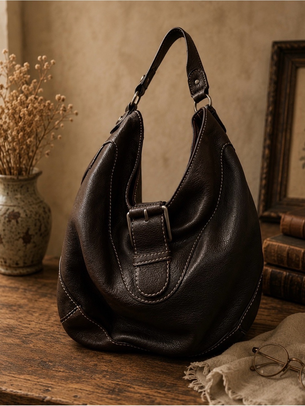 Michael Kors dark brown pebble leather hobo shoulder bag